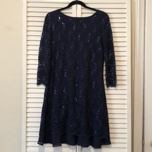 Navy Blue 1/4 Sleeve Floral/Sequin Dress